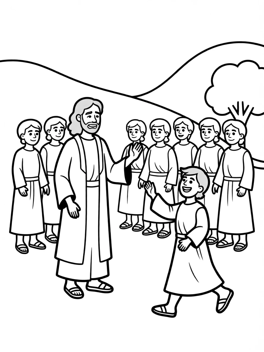 Jesus healing ten lepers, with one returning to say thank you.