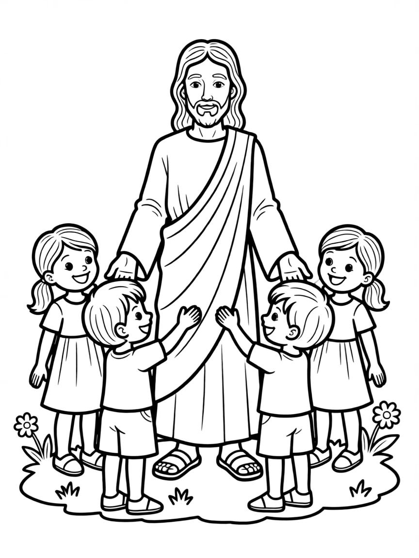 Jesus blessing the children, with happy kids around him.