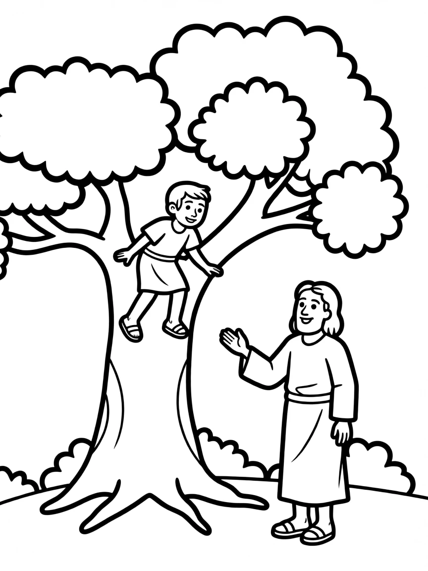 Jesus meeting Zacchaeus, who is climbing a tree to see him.