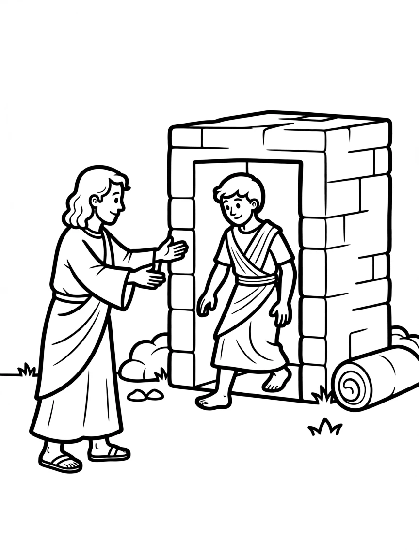 Jesus raising Lazarus from the dead, with Lazarus coming out of the tomb.