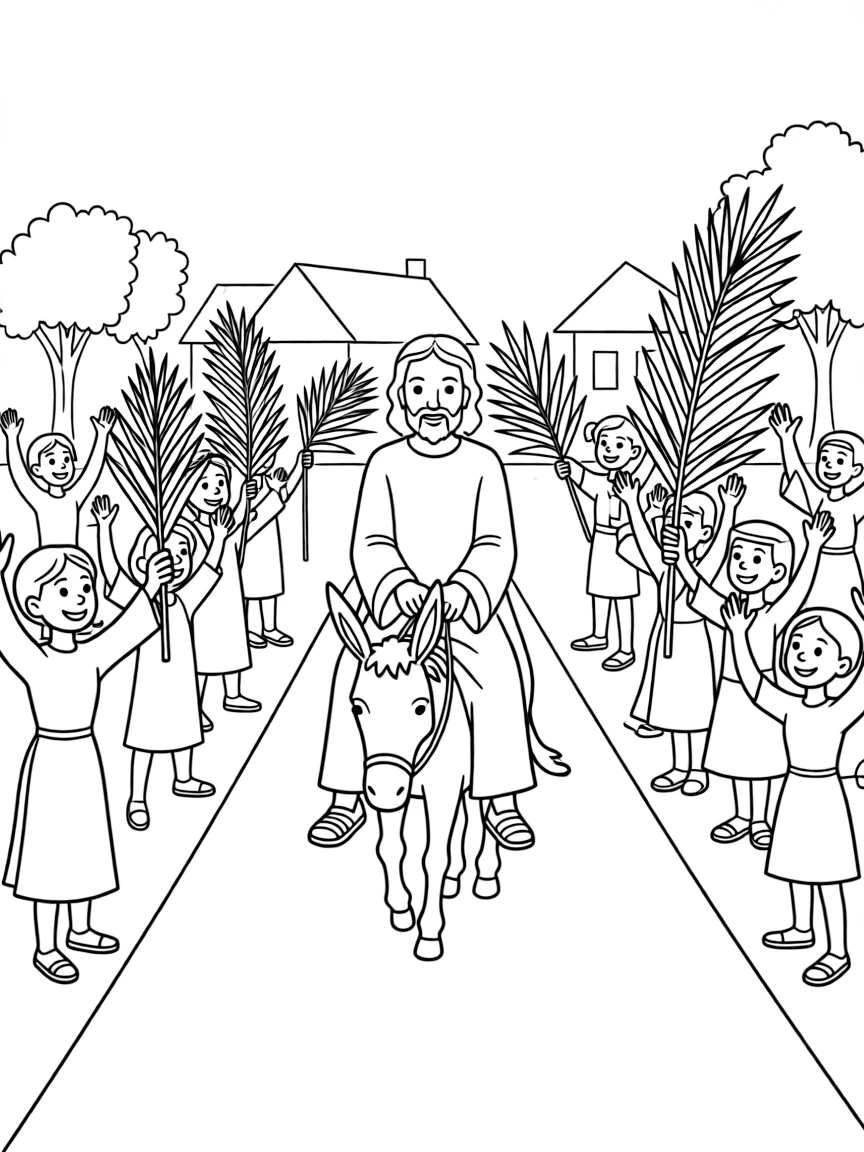 Jesus entering Jerusalem on a donkey, with people waving palm branches.