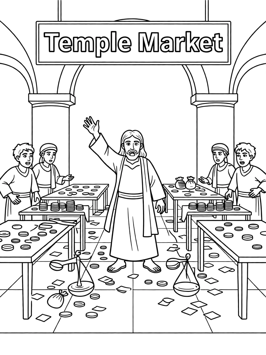 Jesus overturning the tables of the money changers in the temple.