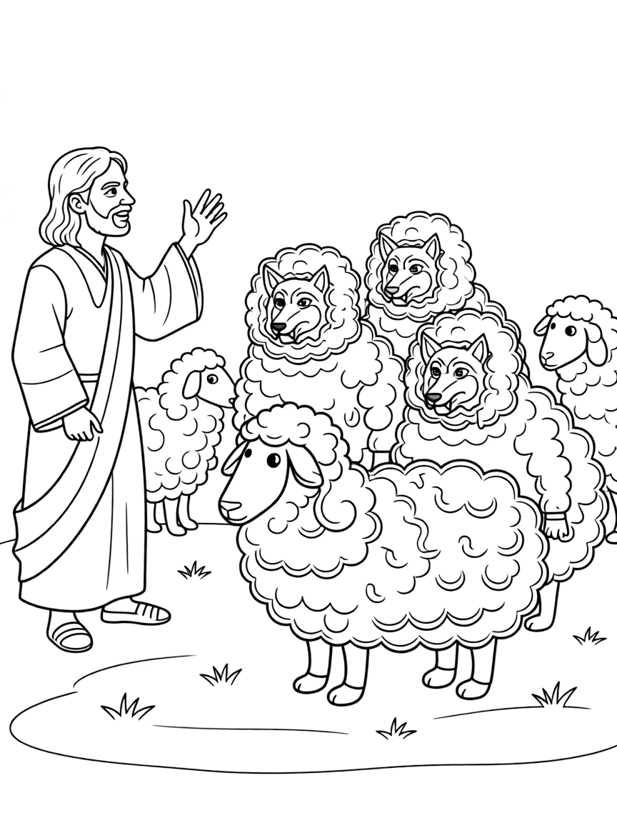 Jesus warning about false prophets, with wolves in sheep's clothing.