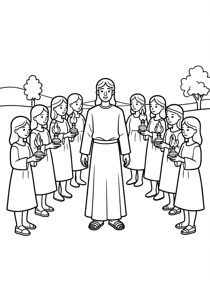 Jesus telling the parable of the ten virgins, with lamps ready.