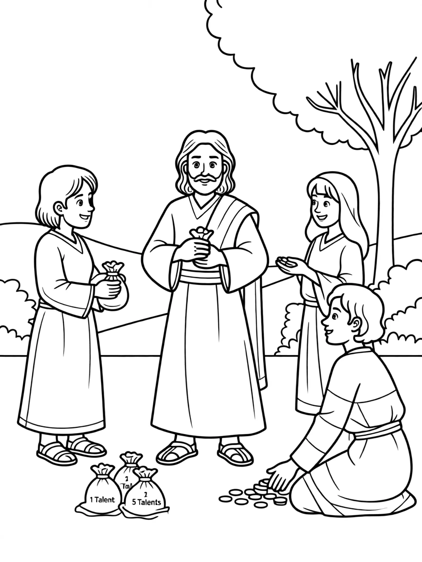 Jesus telling the parable of the talents, with people investing money.
