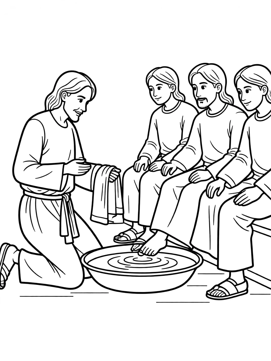 Jesus washing the feet of his disciples, with a towel and basin.