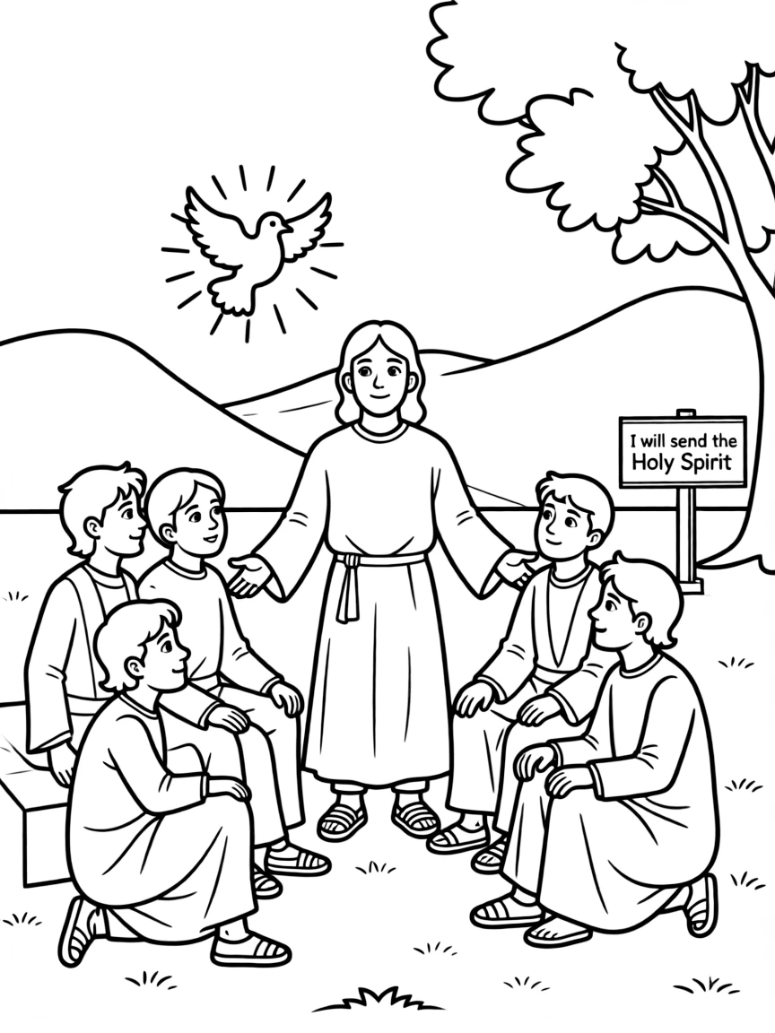 Jesus comforting his disciples, telling them he will send the Holy Spirit.