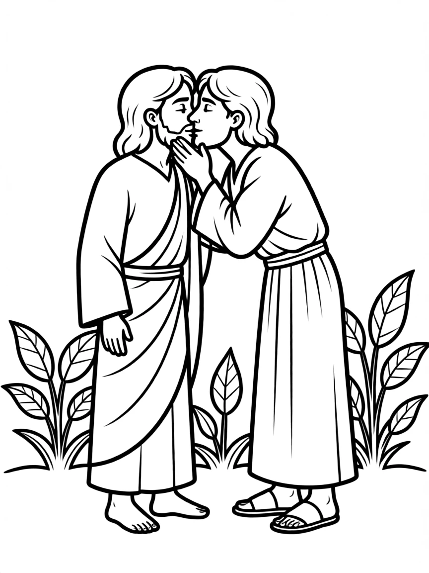 Judas betraying Jesus with a kiss.
