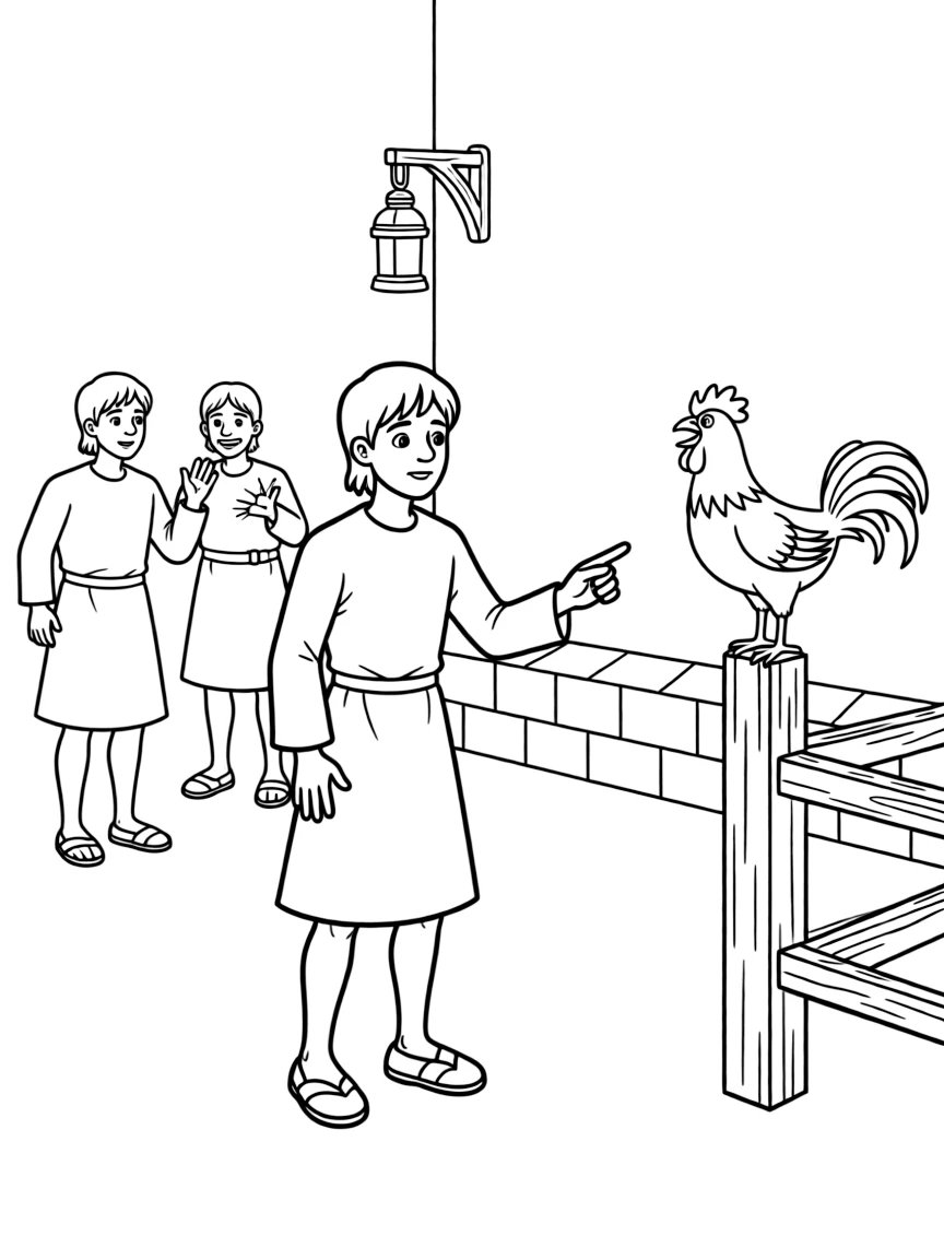 Peter denying Jesus three times, with a rooster crowing.