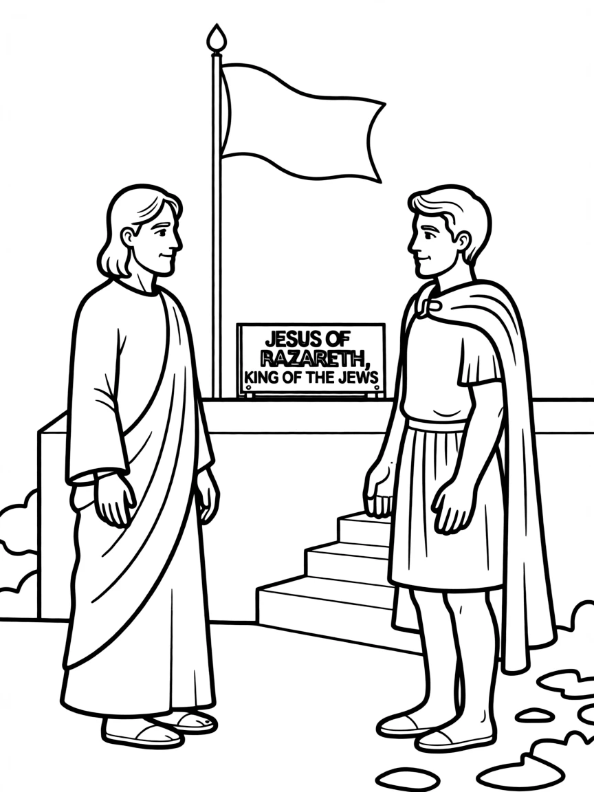 Jesus before Pilate, looking calm and peaceful.