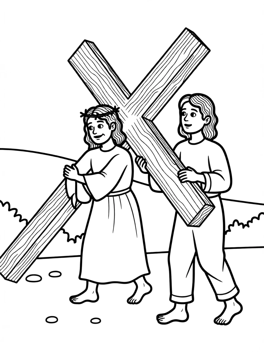 Simon of Cyrene helping Jesus carry the cross.