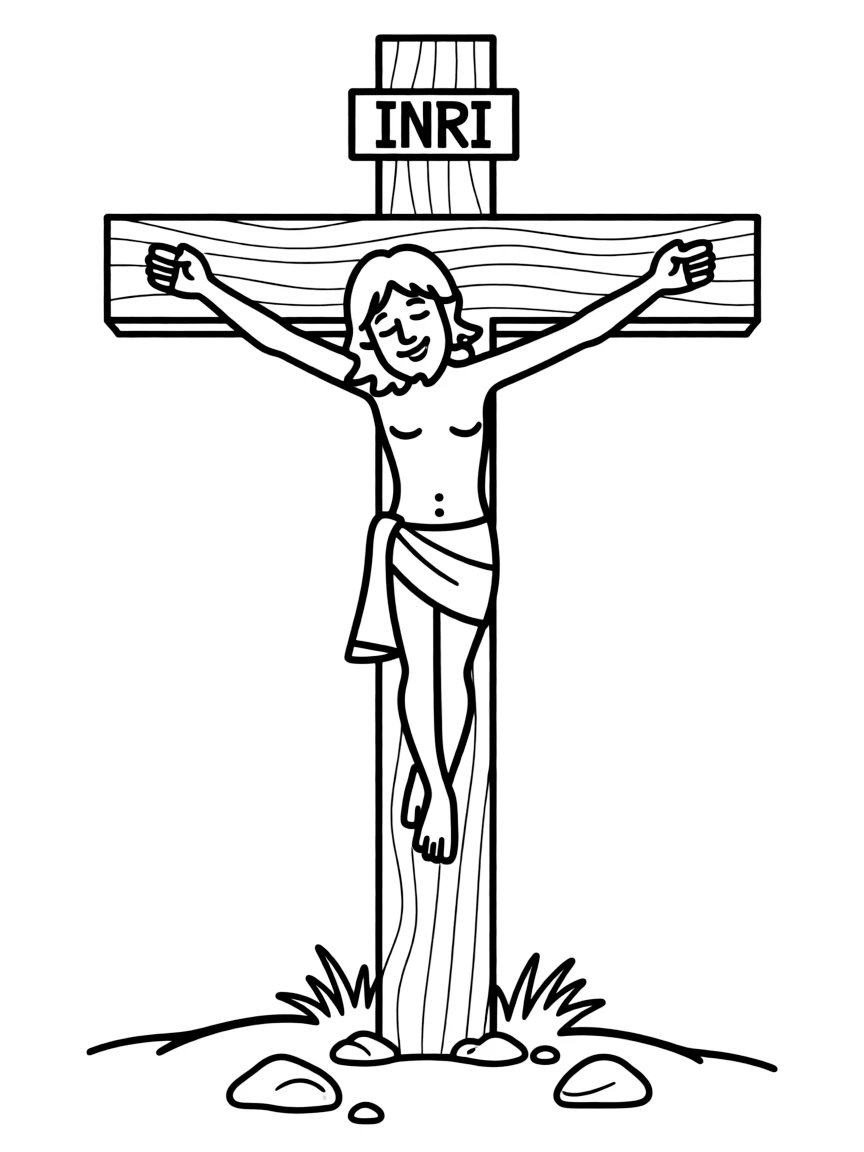 Jesus being crucified on the cross, with a peaceful expression.