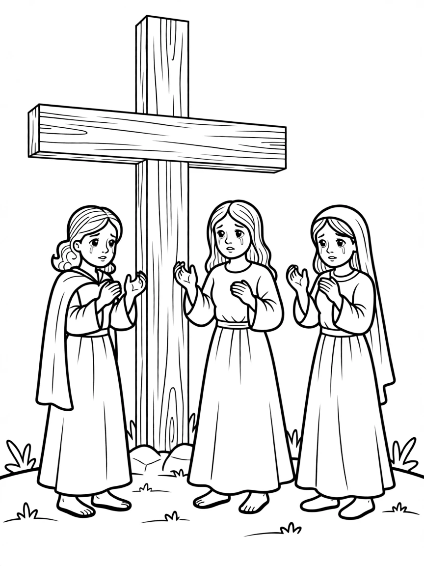 Mary Magdalene and other women weeping at the foot of the cross.