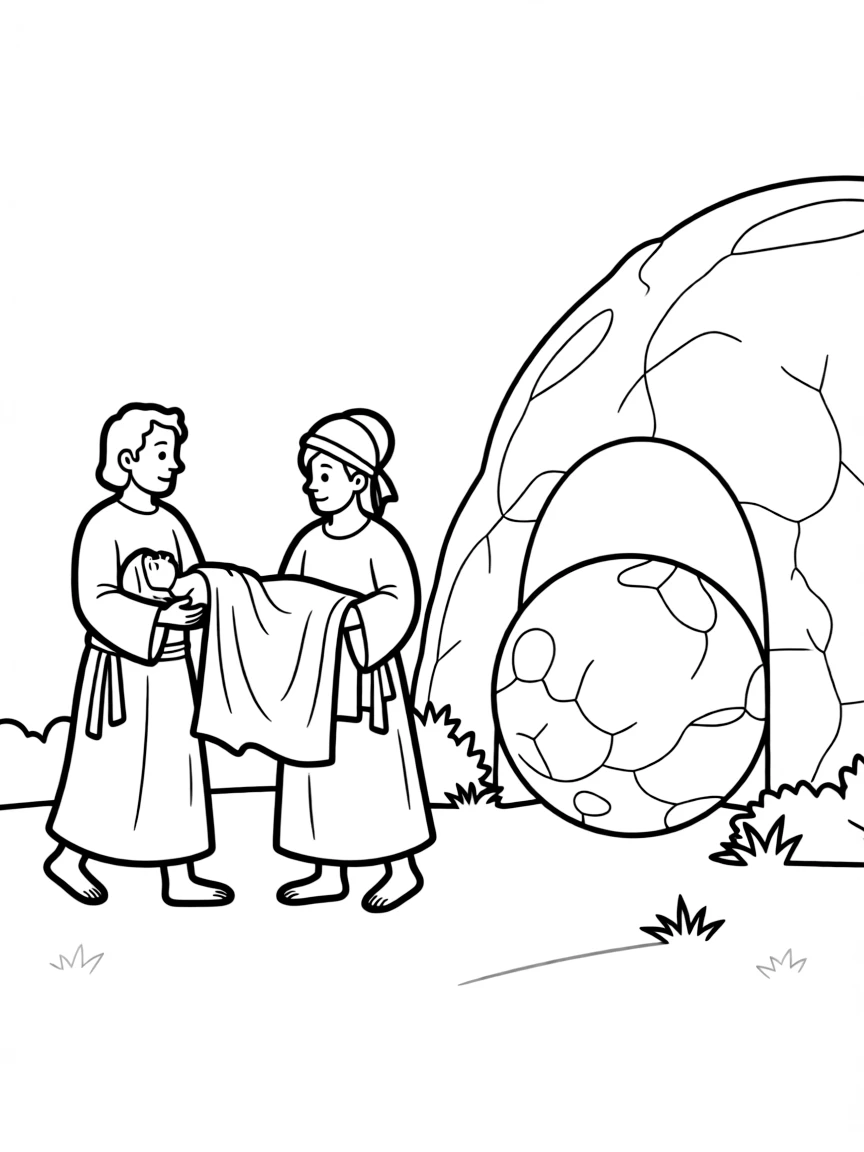 Joseph of Arimathea and Nicodemus taking Jesus' body to the tomb.