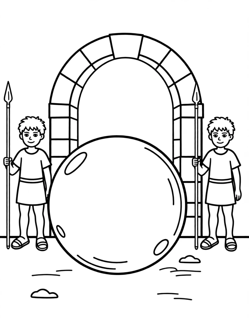 The stone being rolled in front of the tomb, with guards.