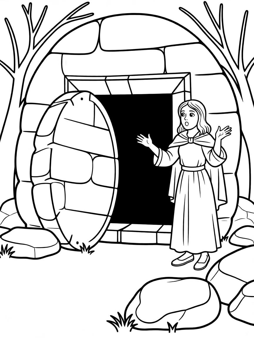Mary Magdalene discovering the empty tomb, looking surprised.