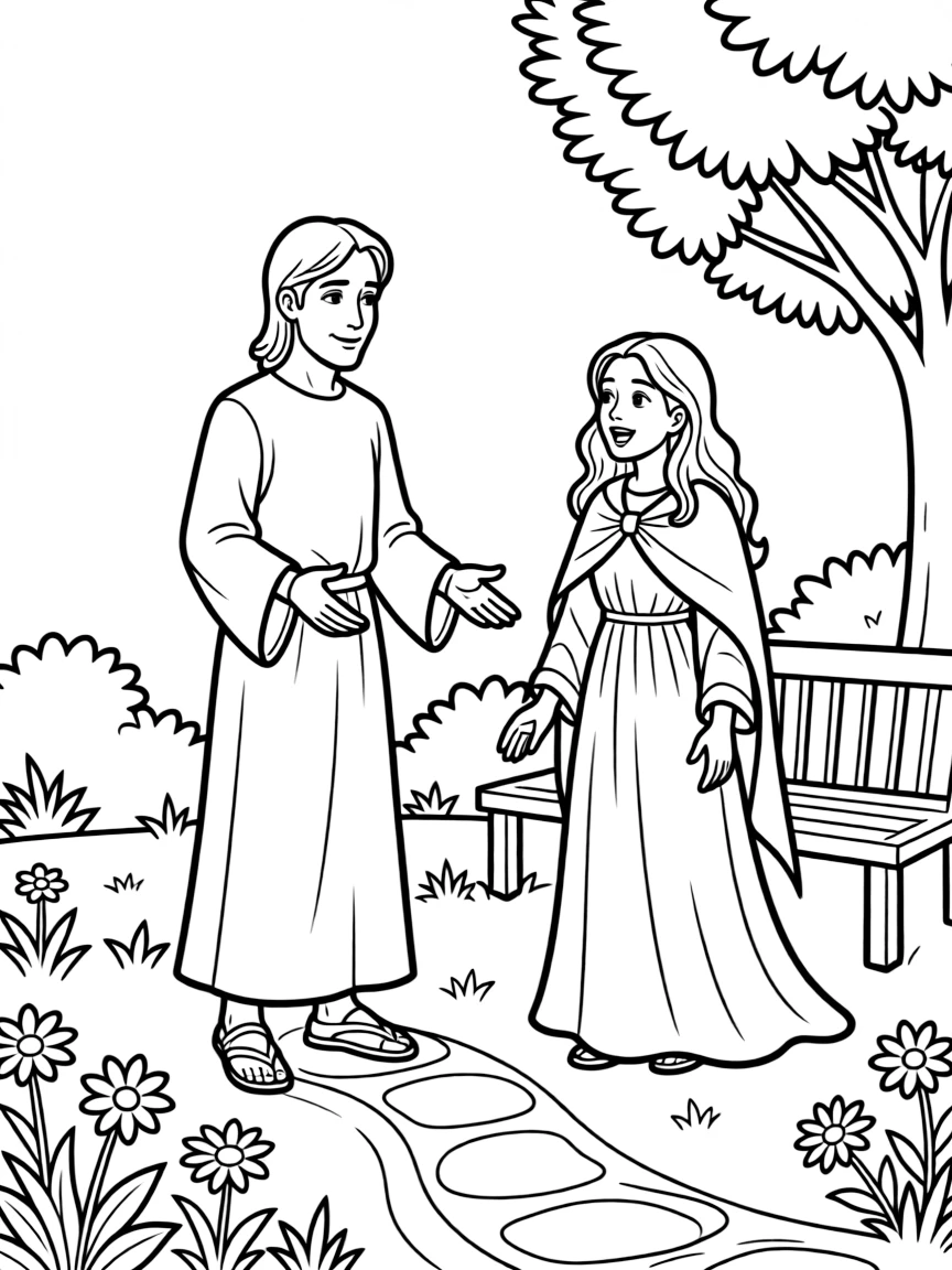 Jesus appearing to Mary Magdalene in the garden, and she recognizes him.