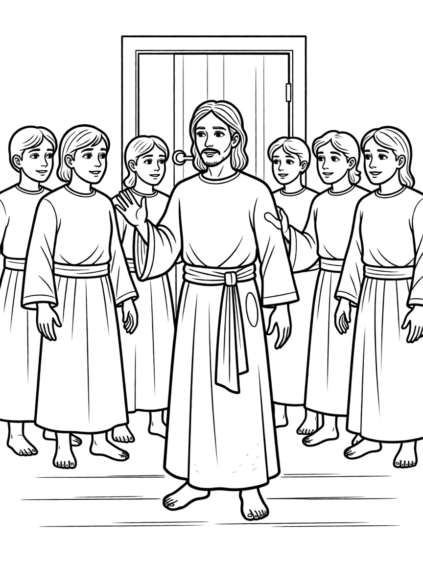 Jesus appearing to the disciples in the locked room, showing his hands and side.