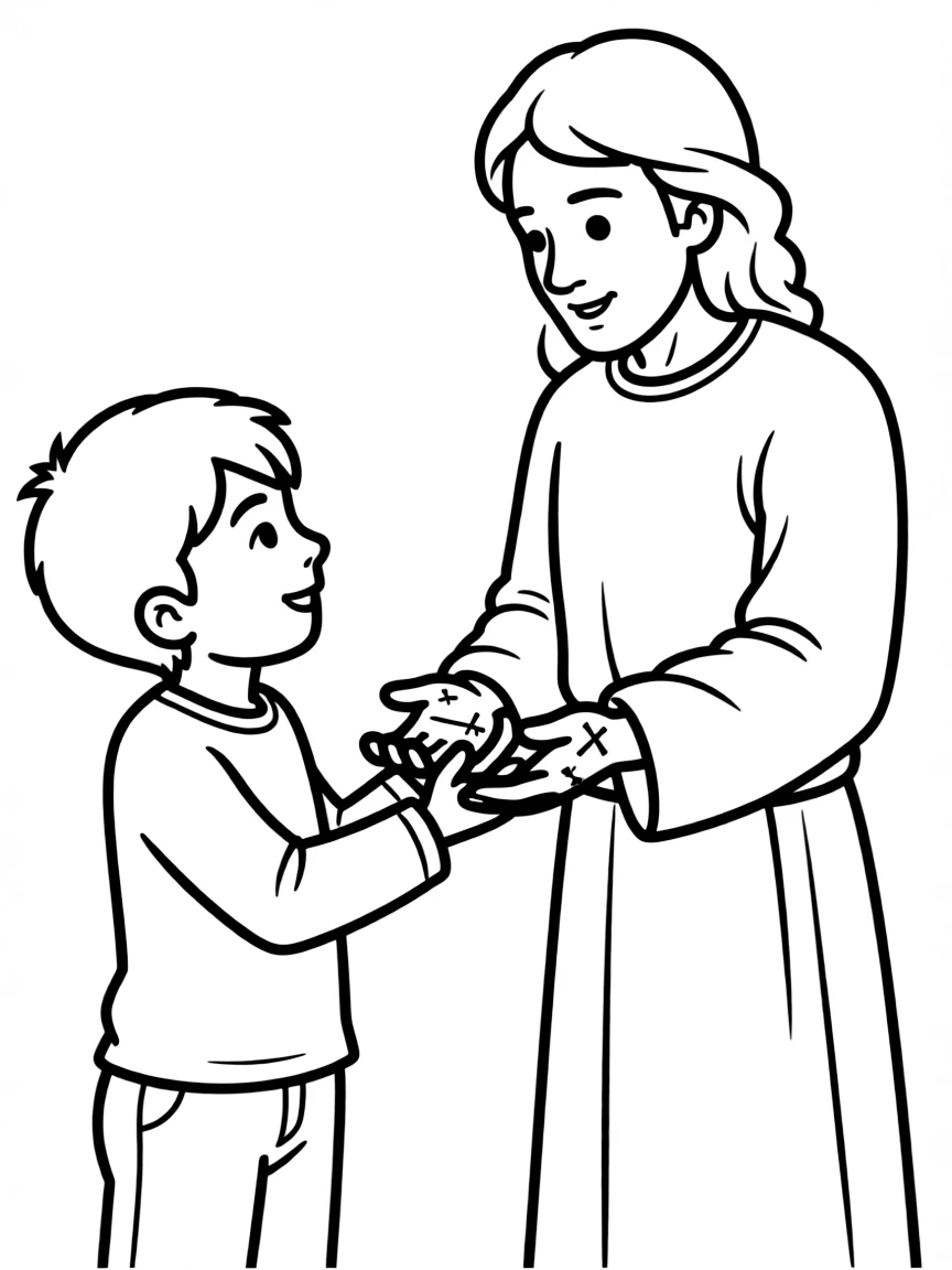 Thomas touching Jesus' wounds, believing.