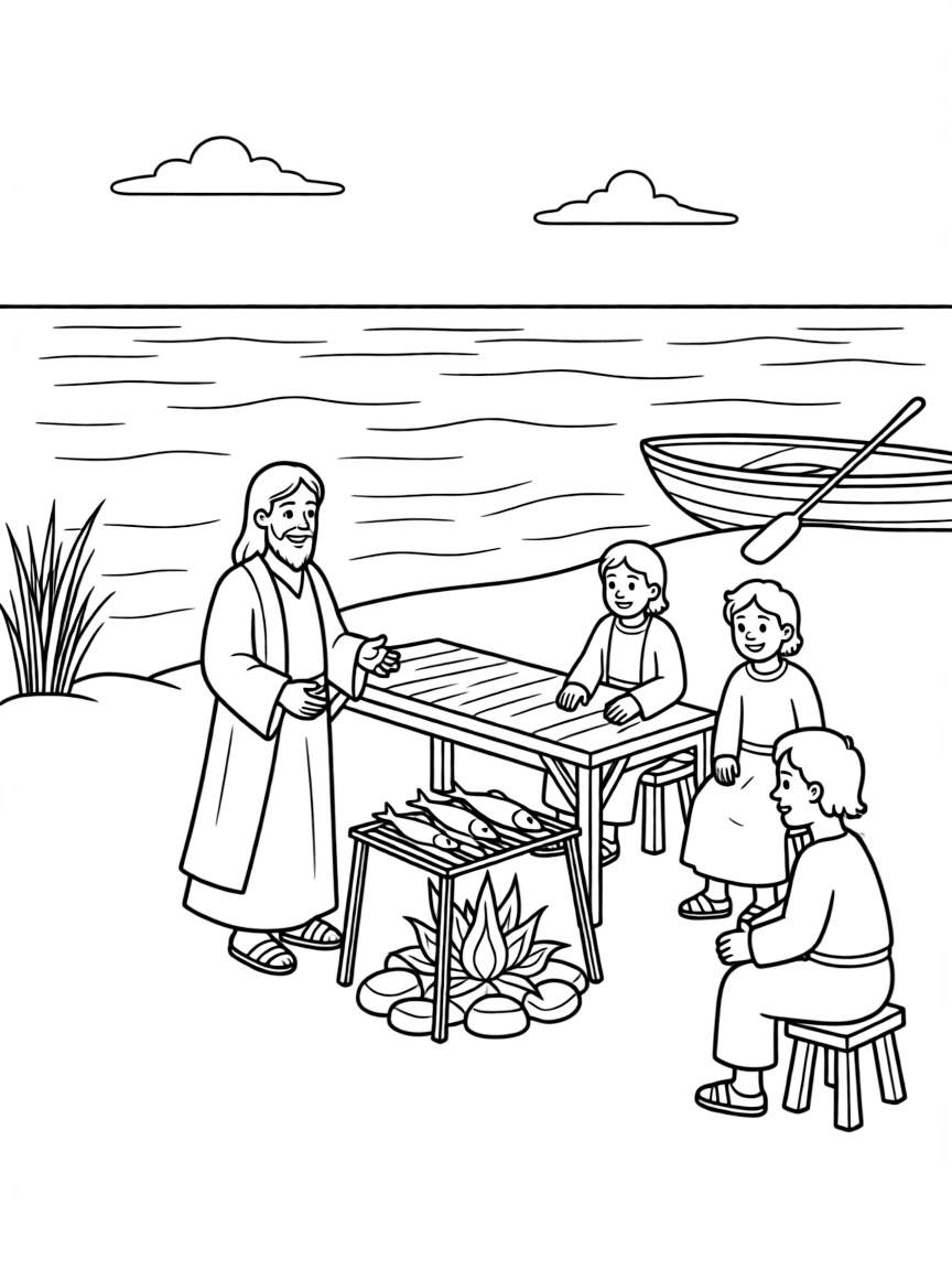Jesus appearing to the disciples by the Sea of Galilee, cooking fish.