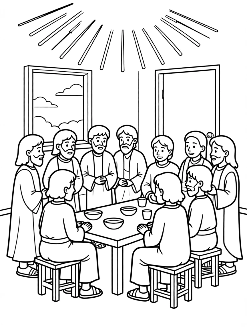 The disciples gathered in the upper room, waiting for the Holy Spirit.