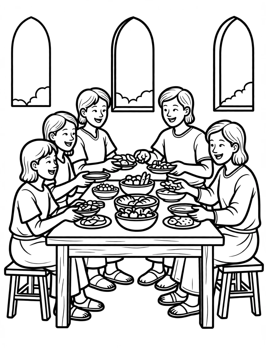 The early church sharing everything, with people eating together.