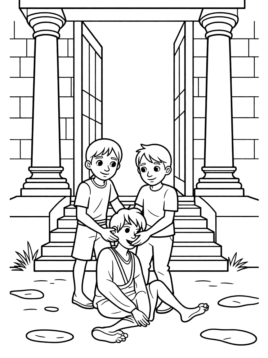 Peter and John healing a lame beggar at the temple gate.