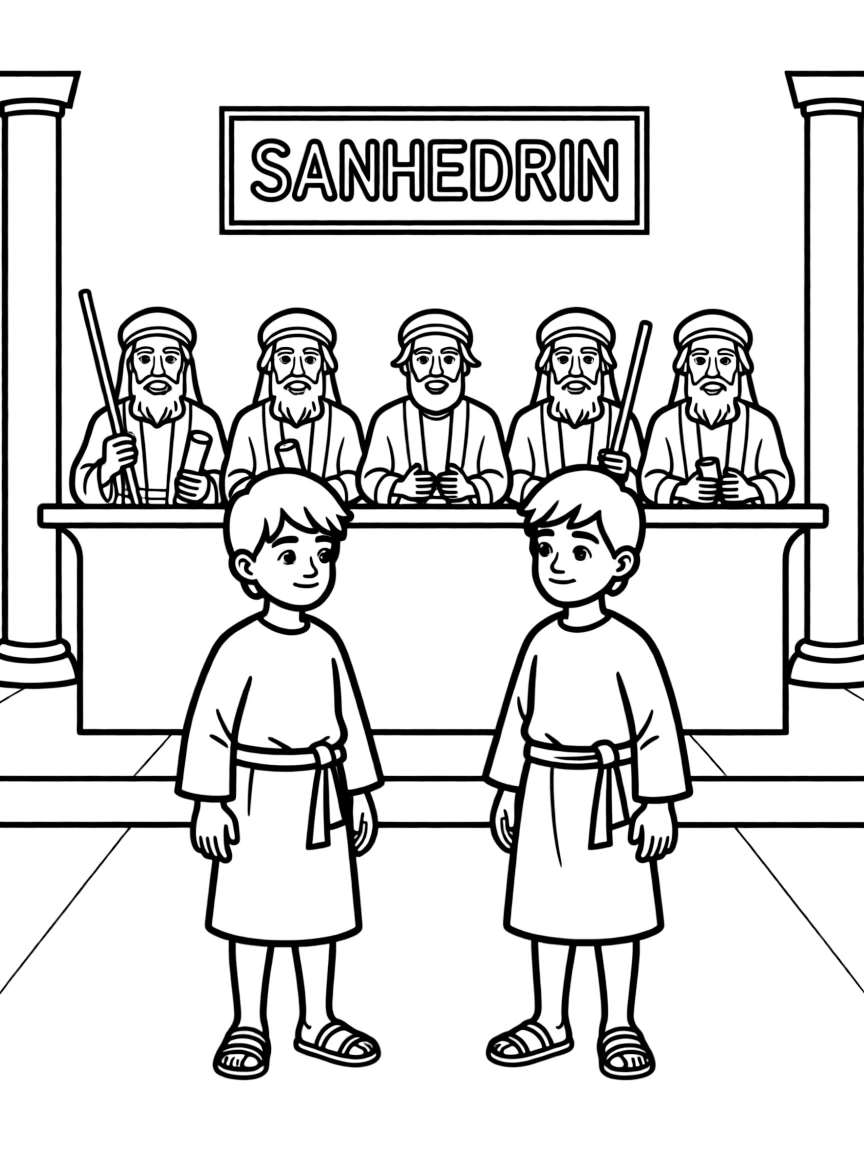 Peter and John being arrested and standing before the Sanhedrin.