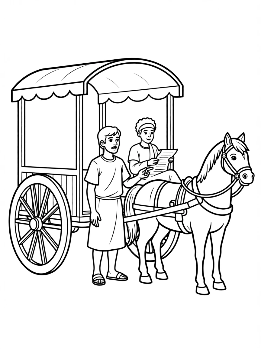 Philip explaining the Scripture to the Ethiopian eunuch in a chariot.