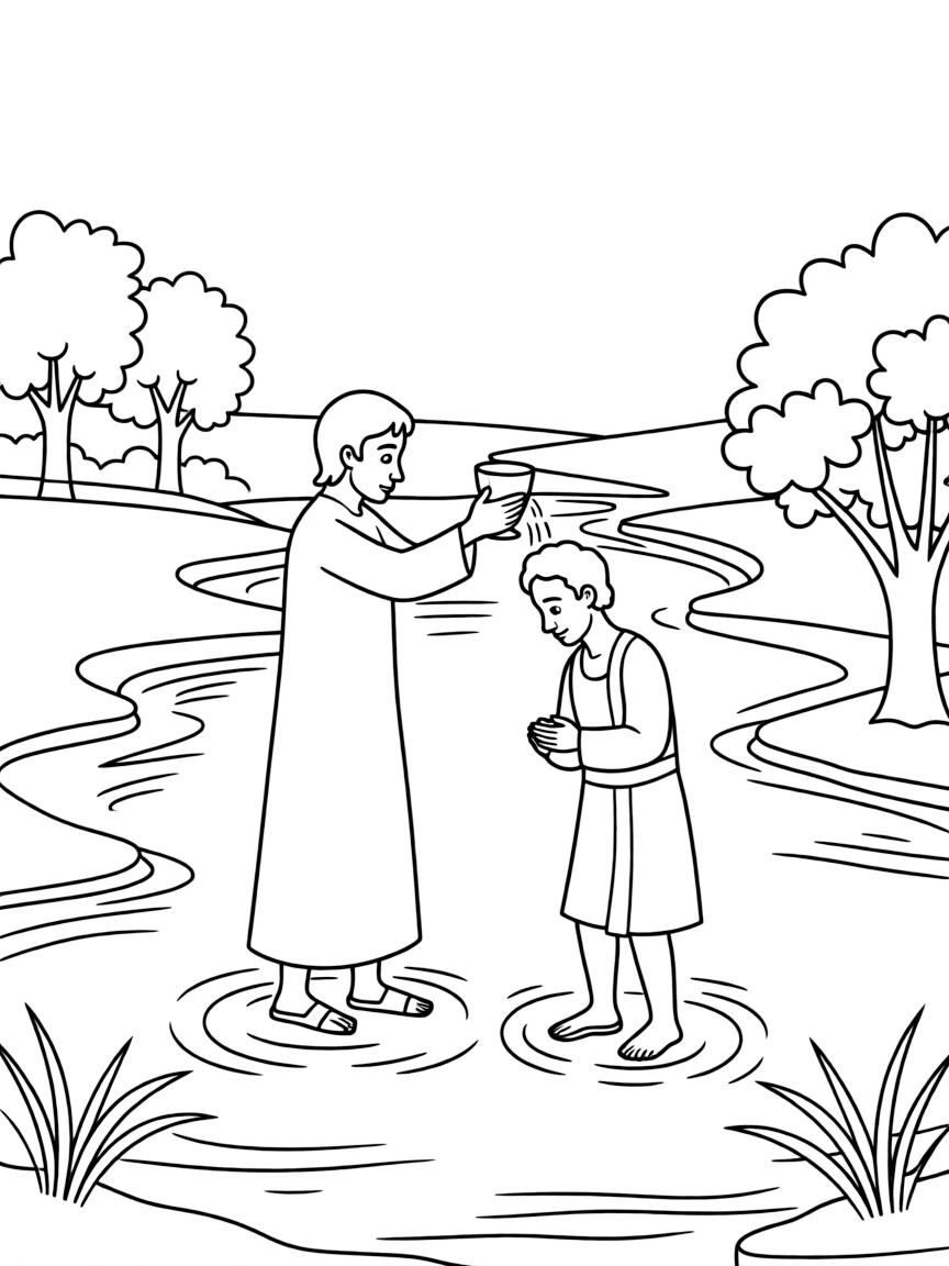 Philip baptizing the Ethiopian eunuch in a river.