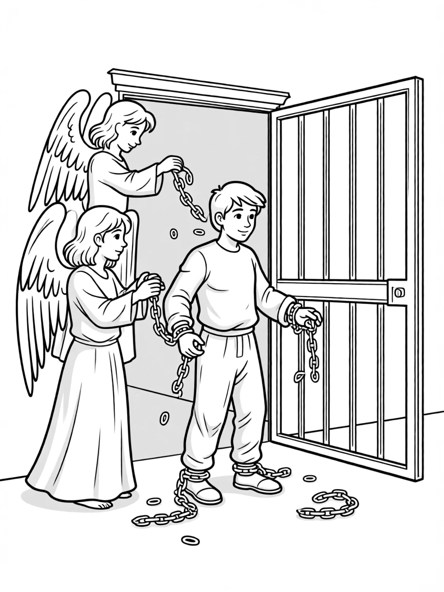 Angels breaking Peter out of prison, with chains falling off.