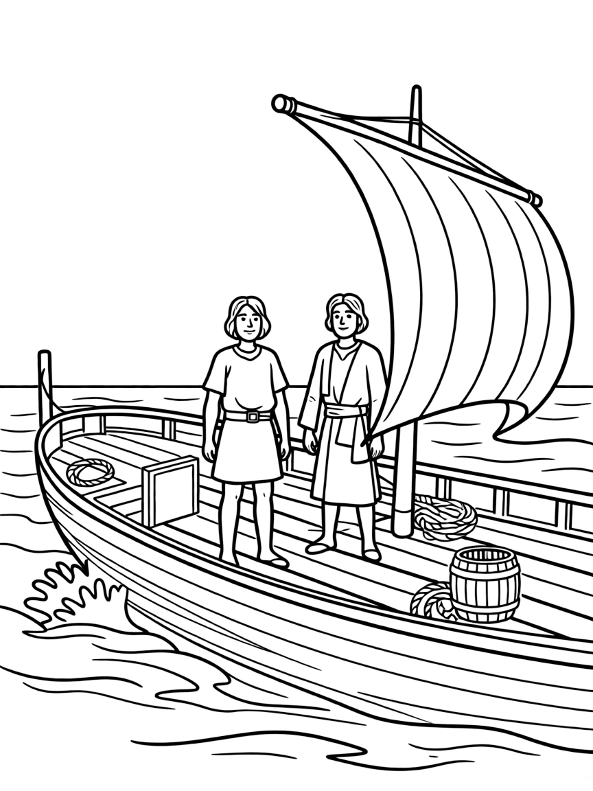Paul and Barnabas on their first missionary journey, sailing in a ship.