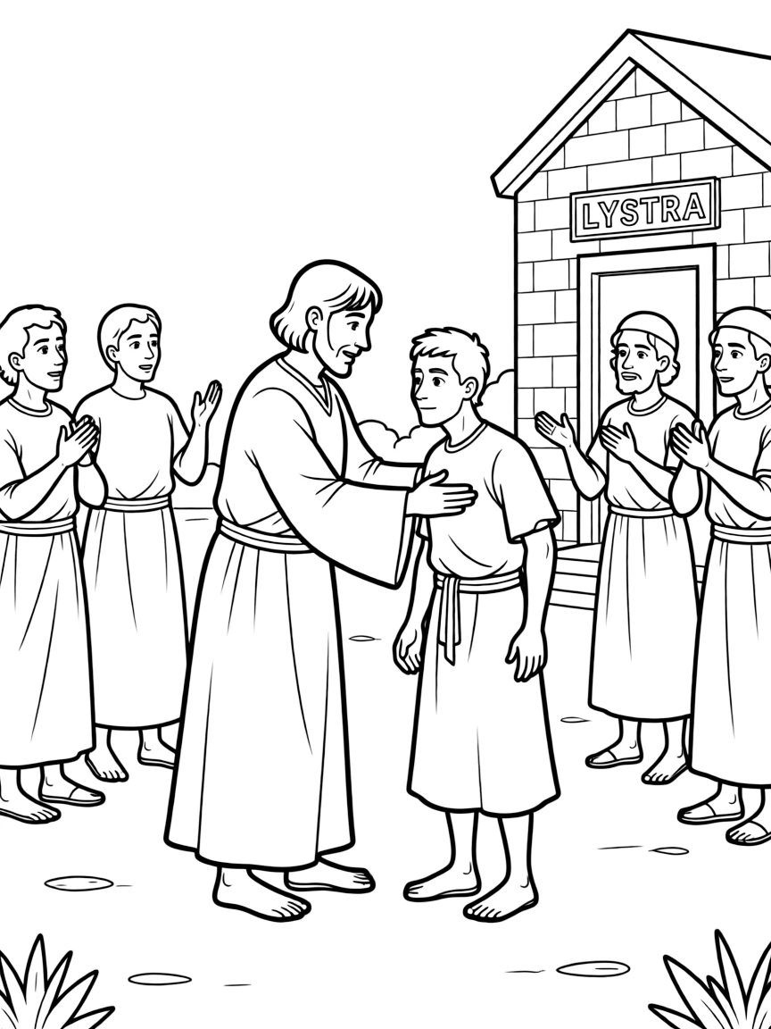 Paul healing a lame man in Lystra, with people thinking they are gods.