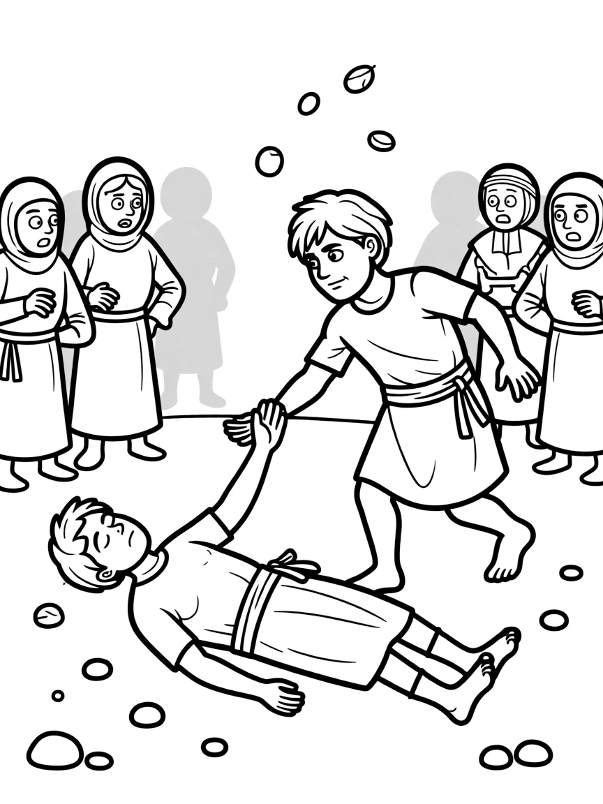 Paul and Barnabas being stoned and left for dead, but Paul gets up.