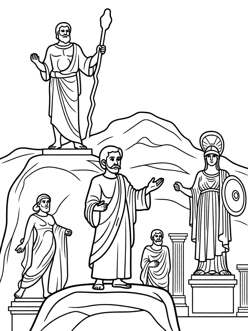 Paul preaching in Athens at the Areopagus, with statues of gods.