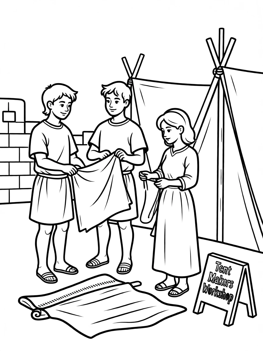 Paul making tents with Aquila and Priscilla in Corinth.