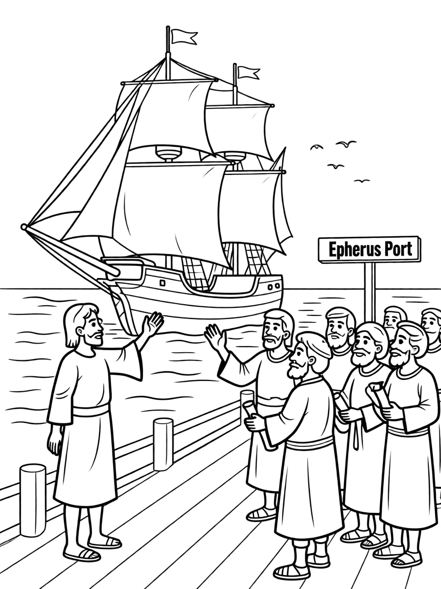Paul sailing to Jerusalem, saying goodbye to the elders of Ephesus.