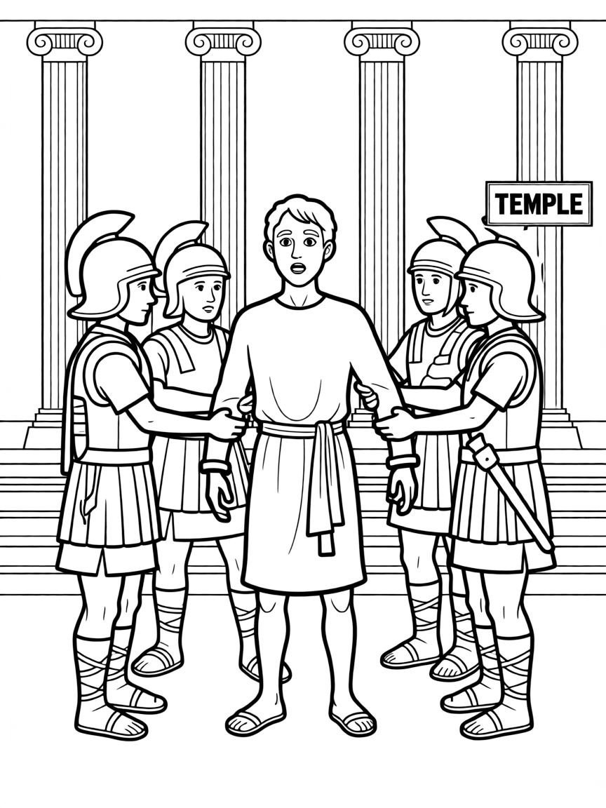 Paul being arrested in the temple in Jerusalem.