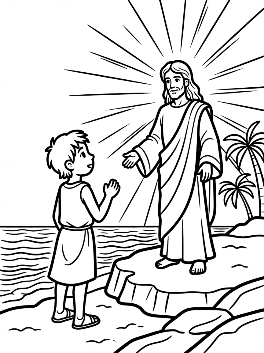 John on the island of Patmos, seeing a vision of Jesus.