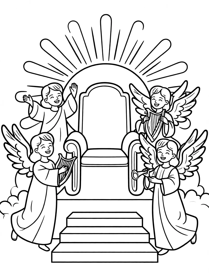 Angels praising God around a throne.