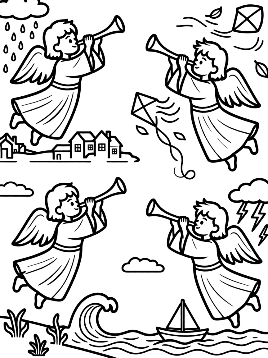 Angels sounding trumpets, with different disasters happening.