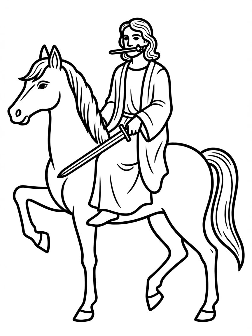 Jesus returning on a white horse, with a sword in his mouth.