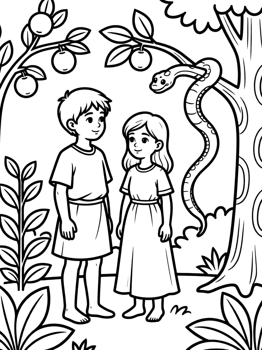 Adam and Eve being tempted by a snake in the garden.