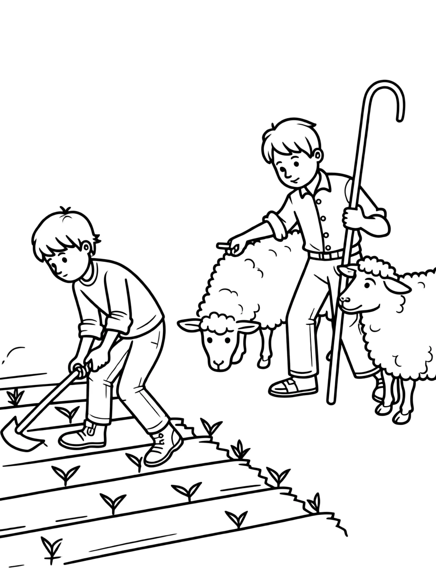 Cain farming the land and Abel tending sheep.