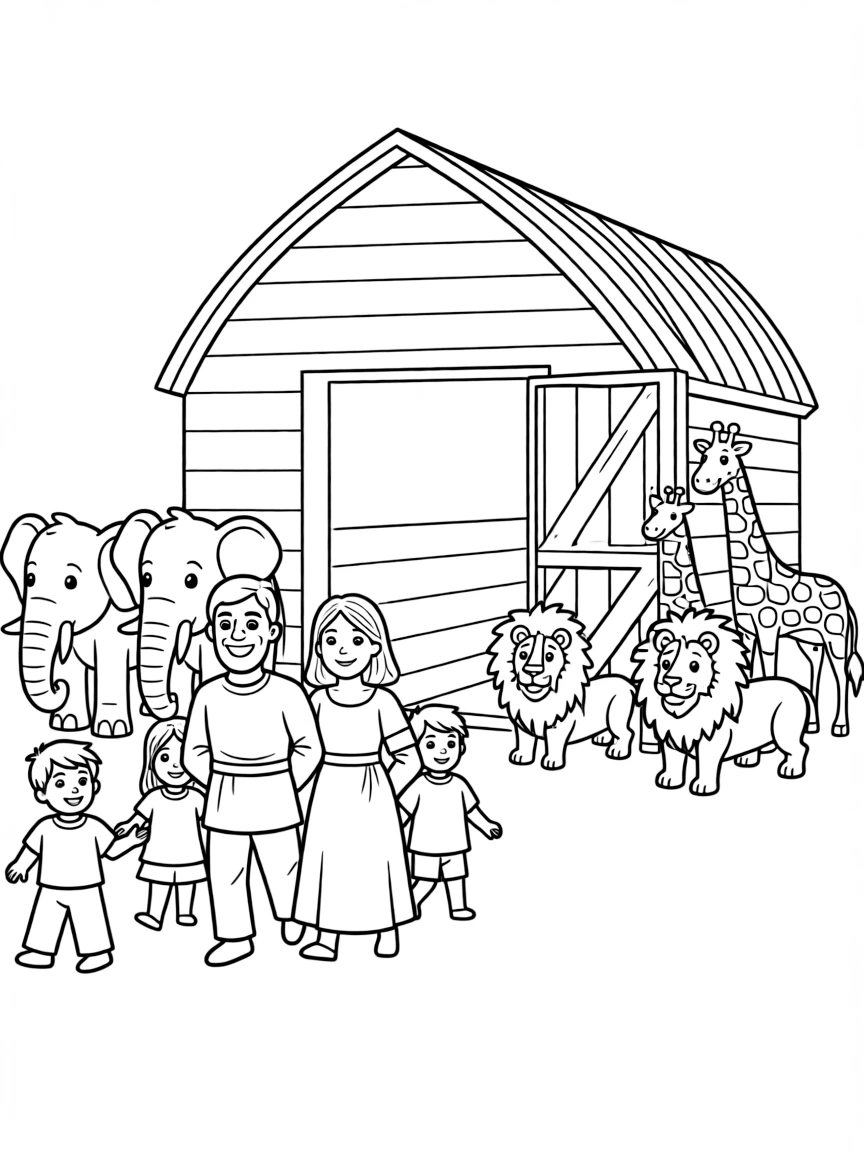 Noah's family entering the ark, with their faces smiling.