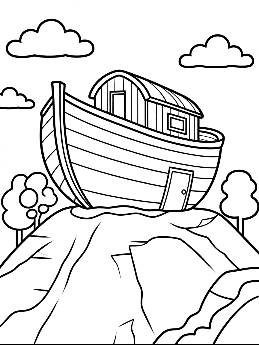 The ark resting on a mountain after the flood.