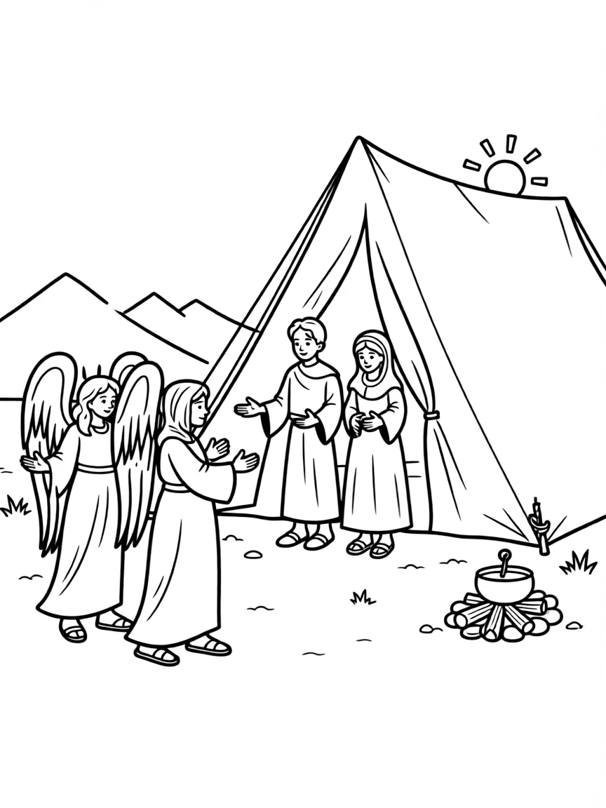 Abraham and Sarah welcoming three angels into their tent.
