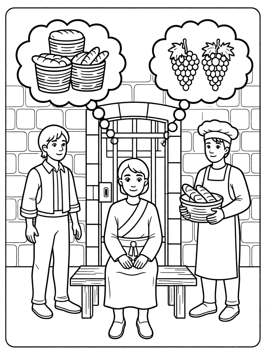 Joseph in prison, interpreting dreams for the baker and butler.