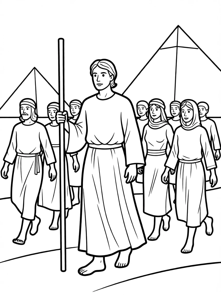 Moses leading the Israelites out of Egypt, with a staff in his hand.