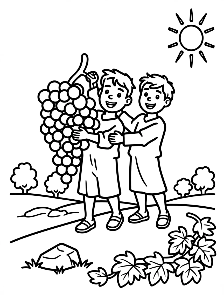 The spies exploring the Promised Land, carrying a huge bunch of grapes.